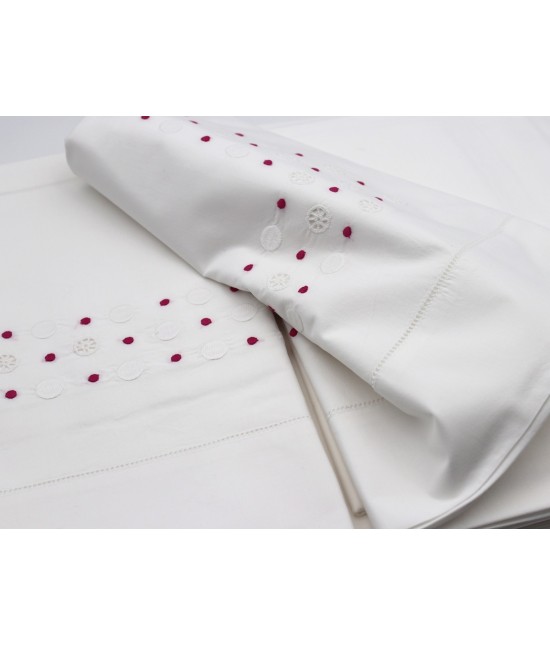 Completo lenzuola ricamato a mano composto da sopra + sotto + federe - pois : Colore prodotto - Bianco, Misura - Matrimoniale, Tessuto - Cotone, Variante - Pois