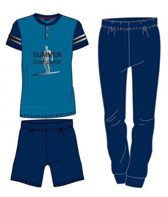 Pigiama uomo tre pezzi con maglia a maniche corte stampa testo pantaloni gamba lunga e shorts tinta unita - m007. : Colore prodotto - Blue, Taglia - Xxl, Tessuto - Cotone