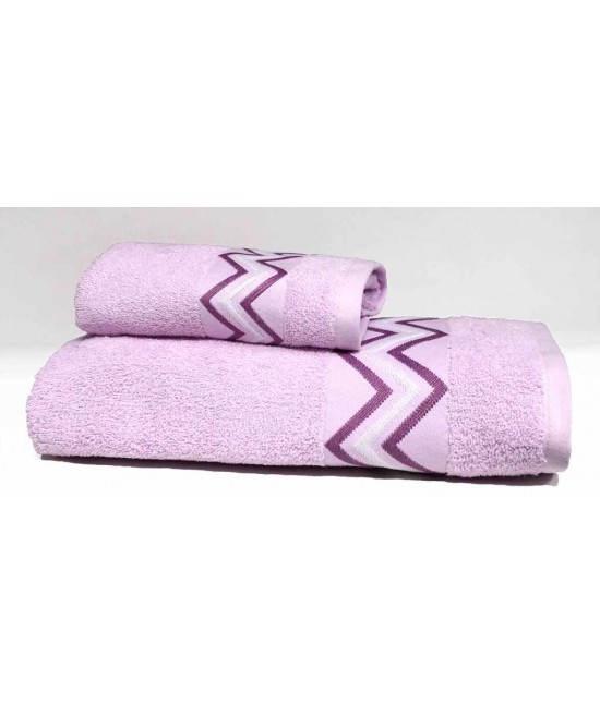 Set asciugamani bagno 1+1 in spugna con cesello jacquard ricamato - chevron : Colore prodotto - Rosa, Misura - Set asc. 1+1