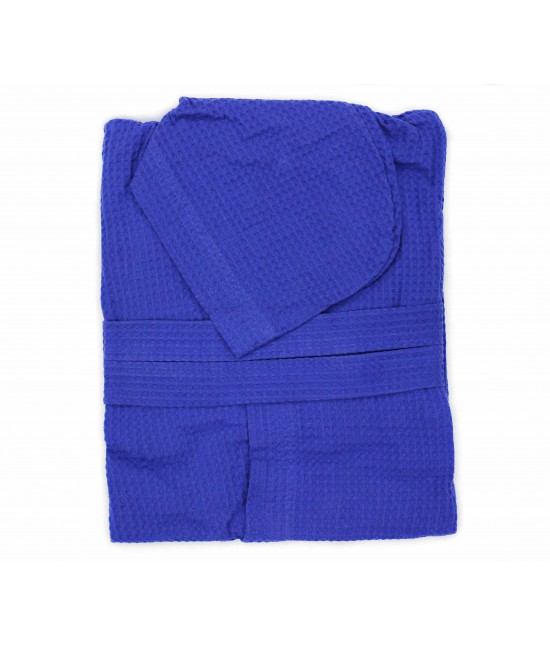 Accappatoio nido d'ape di puro cotone con cappuccio tinta unita - polo : Taglia - Xl, Colore prodotto - Blue, Tessuto - Cotone
