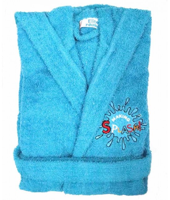 Accappatoio bambino in spugna con cappuccio e ricamo tinta unita : pakito : Taglia - 3-4 anni, Colore prodotto - Azzurro, Tessuto - Cotone, Variante - Splash