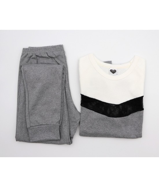 Pigiama da donna in caldo cotone con maniche e gambe lugne inserto in pizzo bicolor panna e grigio: 894 : Colore prodotto - Grigio, Taglia - L, Tessuto - Cotone