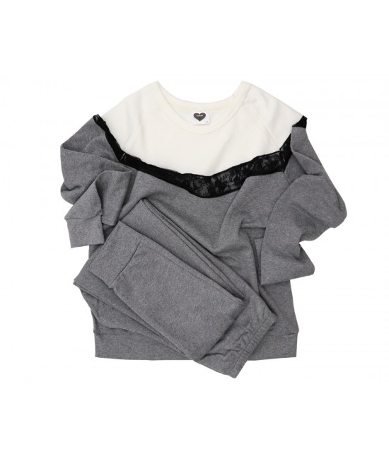 Pigiama da donna in caldo cotone con maniche e gambe lugne inserto in pizzo bicolor panna e grigio: 894 : Colore prodotto - Grigio, Taglia - S, Tessuto - Cotone