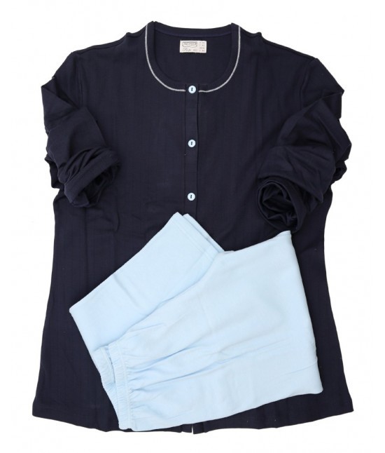 Linclalor - Pigiama donna in caldo cotone con maglia con chiusura a bottoni maniche lunghe pantaloni lunghi tinta unita a contrasto: 91579