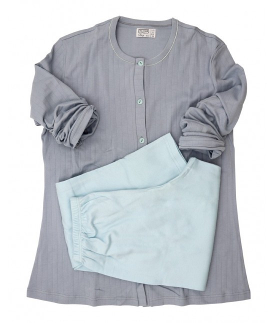 Linclalor - Pigiama donna in caldo cotone con maglia maniche lunghe con chiusura a bottoni pantaloni lunghi tinta unita a contrasto: 91579