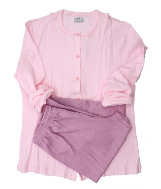 Linclalor - Pigiama interlock donna con maglia maniche lunghe chiusura continua a bottoni pantaloni lunghi tinta unita a contrasto: 91579