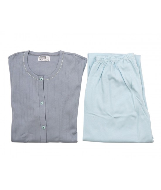 Pigiama donna in caldo cotone con maglia maniche lunghe con chiusura a bottoni pantaloni lunghi tinta unita a contrasto: 91579 : Tessuto - Cotone, Taglia - 50, Colore prodotto - Carta da zucchero
