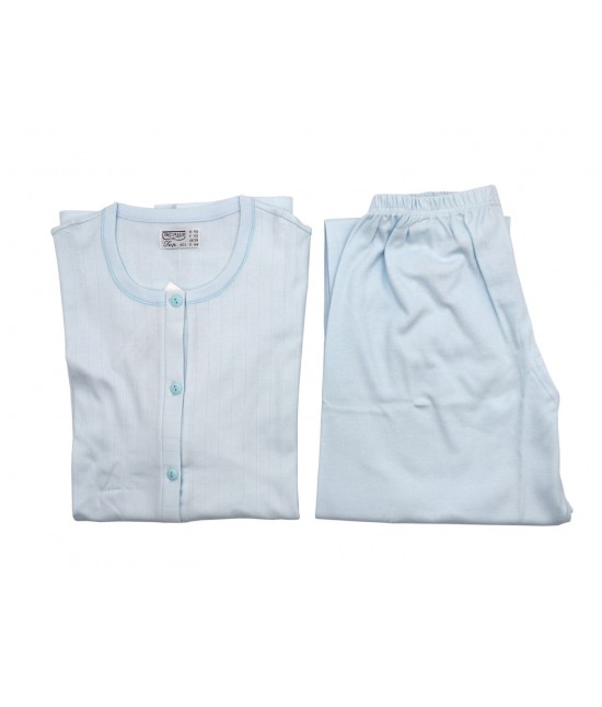 Pigiama donna in caldo cotone con maglia con chiusura a bottoni maniche lunghe pantaloni lunghi tinta unita abbinati: 91579 : Tessuto - Cotone, Colore prodotto - Cielo, Taglia - 54