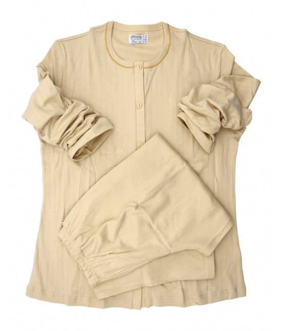 Pigiama donna con maglia maniche lunghe abbottonatura continua a bottoni pantaloni lunghi tinta unita in caldo cotone: 91579 : Tessuto - Cotone, Taglia - 52, Colore prodotto - Senape