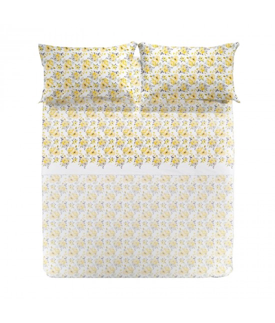 Completo lenzuola matrimoniale caleffi in puro cotone con fantasia stampata effetto floreale oro: floral
