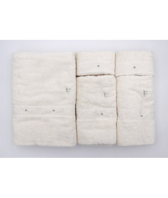 Carla fracci - Completo bagno 5 pezzi in spugna di puro cotone lavorazione sartoriale con pizzo e ricamo colore verde: odile