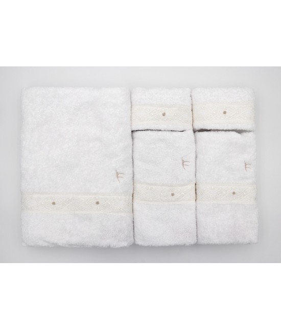 Carla fracci - Completo bagno 5 pezzi in spugna di puro cotone lavorazione sartoriale con pizzo e ricamo colore bianco: odile