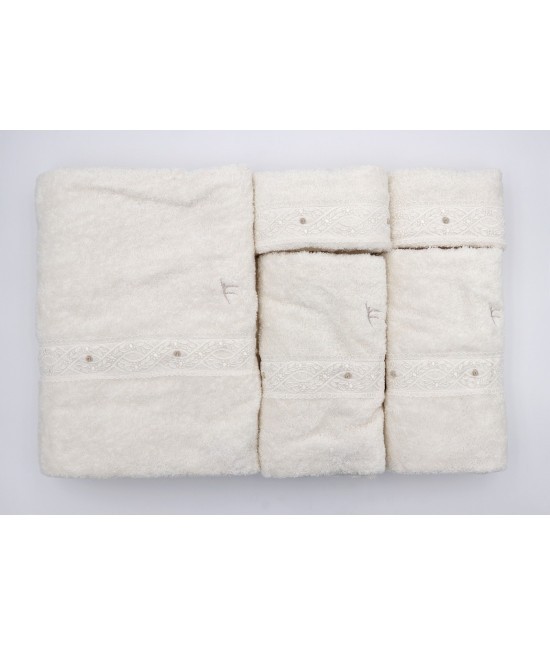 Carla fracci - Completo bagno 5 pezzi in spugna di puro cotone lavorazione sartoriale con pizzo e ricamo colore panna: odile