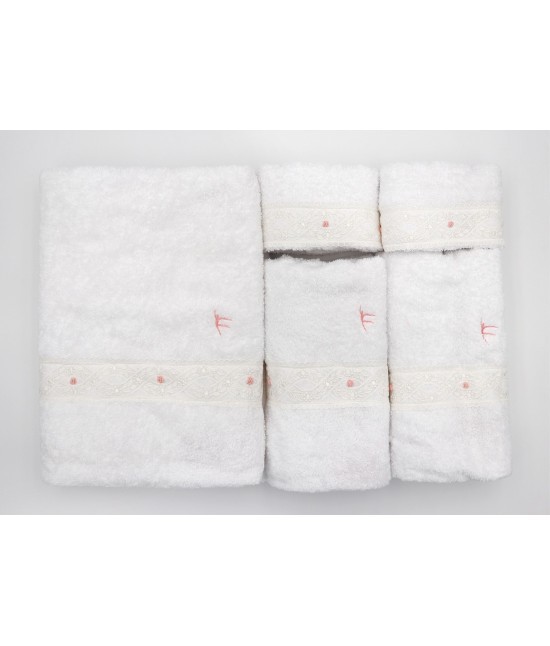 Carla fracci - Completo bagno 5 pezzi in spugna di puro cotone lavorazione sartoriale con pizzo e ricamo colore rosa: odile