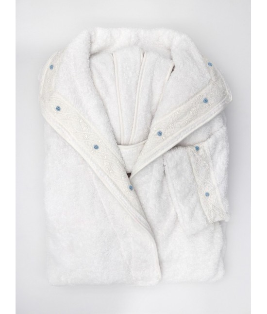 Carla fracci - Accappatoio sartoriale taglia unica in spugna di puro cotone con applicazione in pizzo e ricami colore cielo: odile
