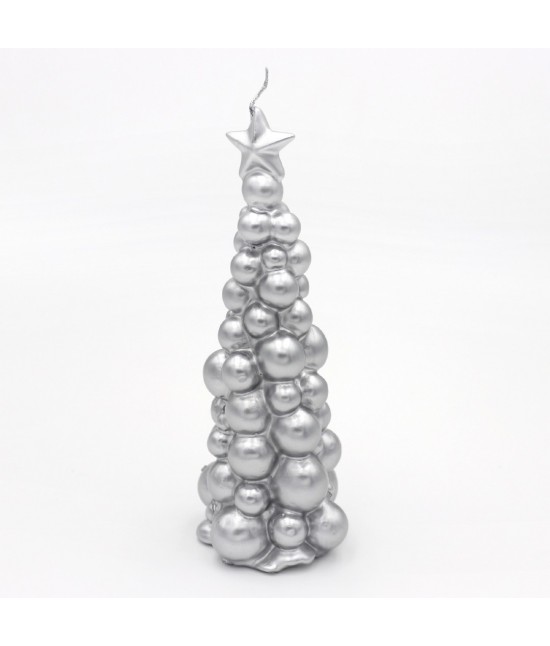 Candela natalizia a forma di albero stilizzata in ceralacca colore argento metallico 21 cm: mosca