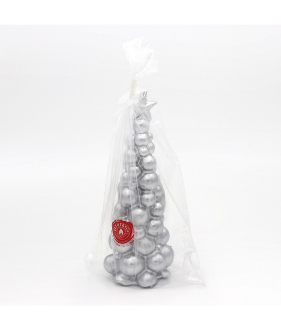 Candela natalizia a forma di albero stilizzata in ceralacca colore argento metallico 21 cm: mosca