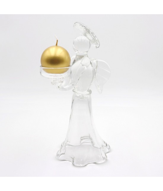Angelo portacandela decorativo in vetro trasparente con finitura artigianle e candela sferica in ceralacca oro metallico: glass