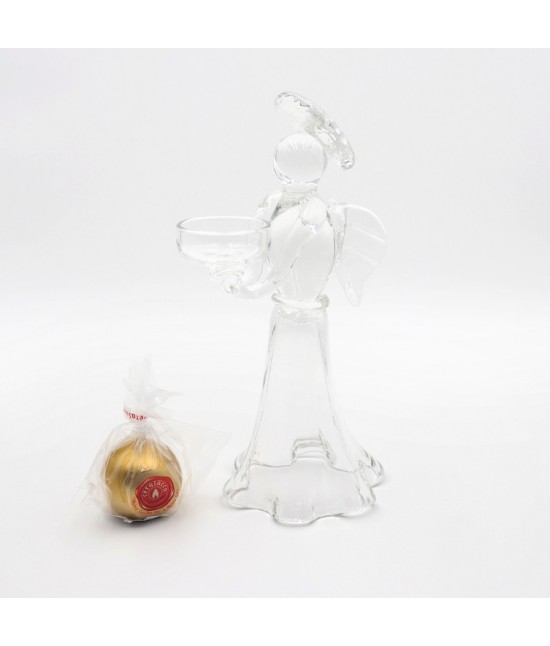 Angelo portacandela decorativo in vetro trasparente con finitura artigianle e candela sferica in ceralacca oro metallico: glass : Colore prodotto - Bianco