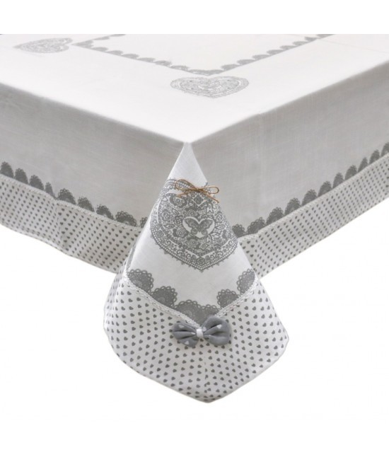 Blanco raya - Tovaglia stampata per 6/12 posti in poliestere decorato con stampa cuori e applicazioni passamaneria grigio: sd170213