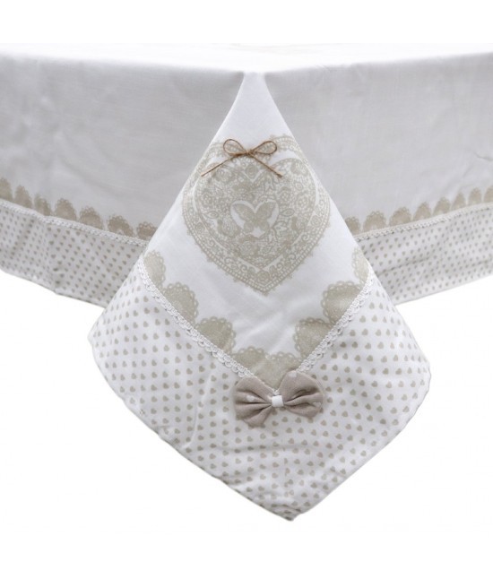 Blanco raya - Tovaglia stampata shabby cuori con passamaneria e applicazioni 6/12 posti in poliestere beige: sd170213