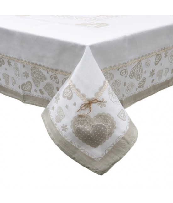 Tovaglia 6/12 posti in poliestere decorato con stampa shabby beige e passamaneria: sd170215 : Colore prodotto - Beige, Tessuto - Poliestere, Misura - 12 posti