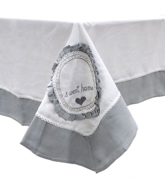 Copritavolo 6/12 posti in poliestere decorato con stampa e applicazioni sweet home: sd2018-1 : Colore prodotto - Grigio, Tessuto - Poliestere, Misura - 6 posti
