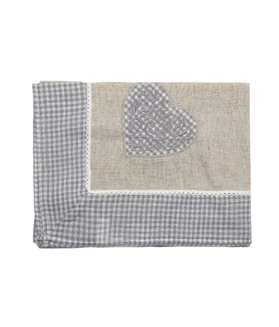 Copritavolo 6/12 posti in poliestere decorato con tessuto fantasia quadrettata shabby chic ricamo cuore: sd2018-4 : Colore prodotto - Grigio, Tessuto - Poliestere, Misura - 6 posti