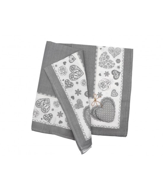 Blanco raya - Centro quadrato stampato fantasia shabby cuori con passamaneria e applicazione cuore grigio: sd170215