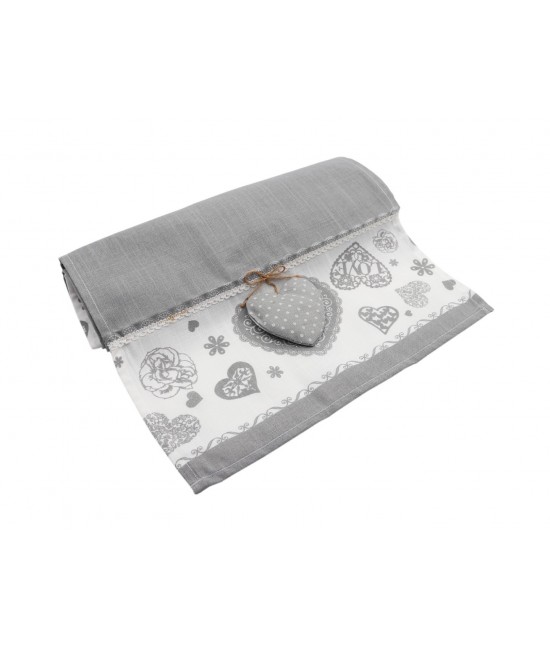 Runner rettangolare fantasia shabby stampa con cuori passamaneria e applicazione cuore imbottito grigio: sd170215 : Colore prodotto - Grigio, Tessuto - Poliestere, Misura - 40x130 cm