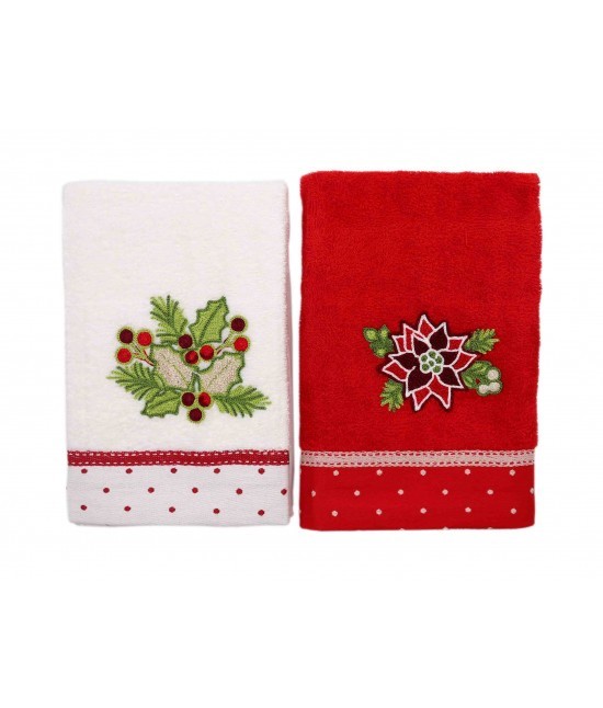 Vingi - Strofinacci da cucina ricamati con fascia jacquard in 100% cotone set 2 pezzi: ambra xmas