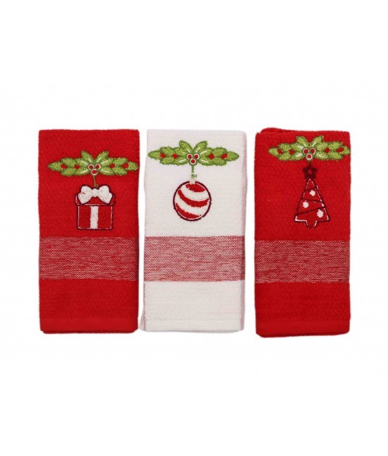 Vingi - Strofinacci da cucina ricamati con fascia jacquard in 100% cotone set 3 pezzi: gardenia xmas