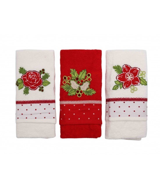 Vingi - Strofinacci da cucina ricamati con fascia jacquard in 100% cotone set 3 pezzi: ambra xmas