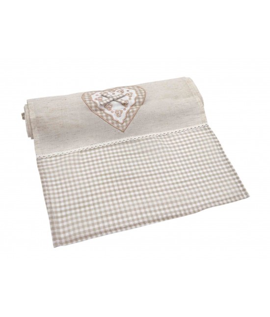 Blanco raya - Runner con bordo a contrasto fantasia vichy e ricamo cuore con applicazione ecru: sd175055