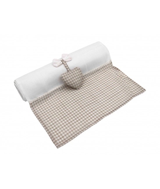 Blanco raya - Runner in poliestere decorato con stampa e applicazione cuore inserto tessuto vichy ecru: sd175068.