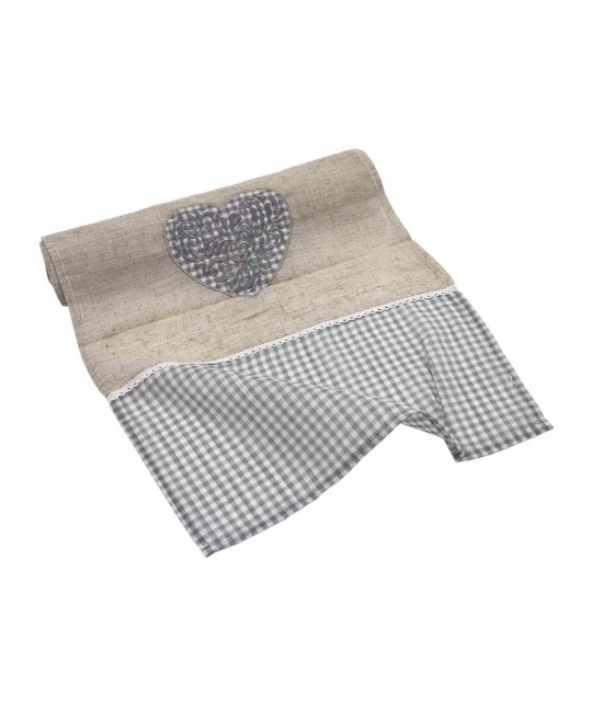 Runner in poliestere decorato con tessuto fantasia quadrettata shabby chic ricamo cuore: sd2018-4