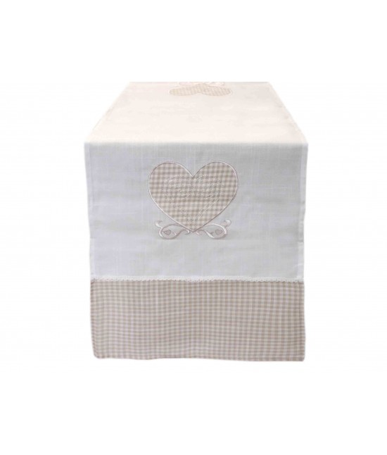 Runner in poliestere decorato con ricamo cuore vichy e passamaneria: sd2018-7 : Tessuto - Poliestere, Colore prodotto - Ecru'