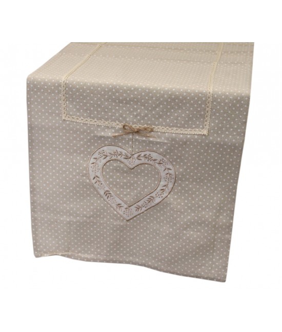 Runner stampato con fantasia pois e ricamo motivo cuore. sd162729 ecru