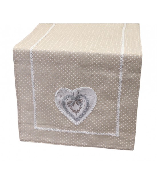 Runner stampato con fantasia pois e applicazione patchwork motivo cuore. sd165579 ecru