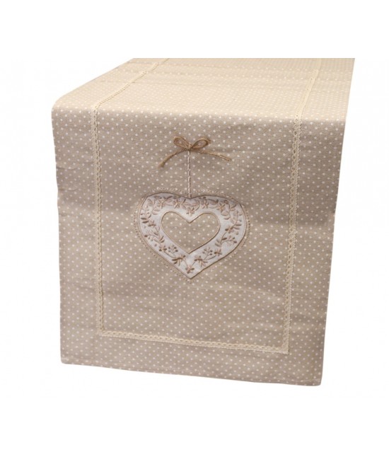 Runner stampato con fantasia pois e ricamo motivo cuore. 77135 ecru