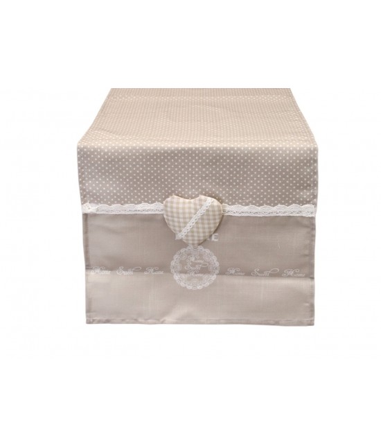 Runner shabby chic in tessuto pois con applicazione cuore in rilievo e stampa home sweet home: 18002 : Colore prodotto - Ecru', Tessuto - Poliestere