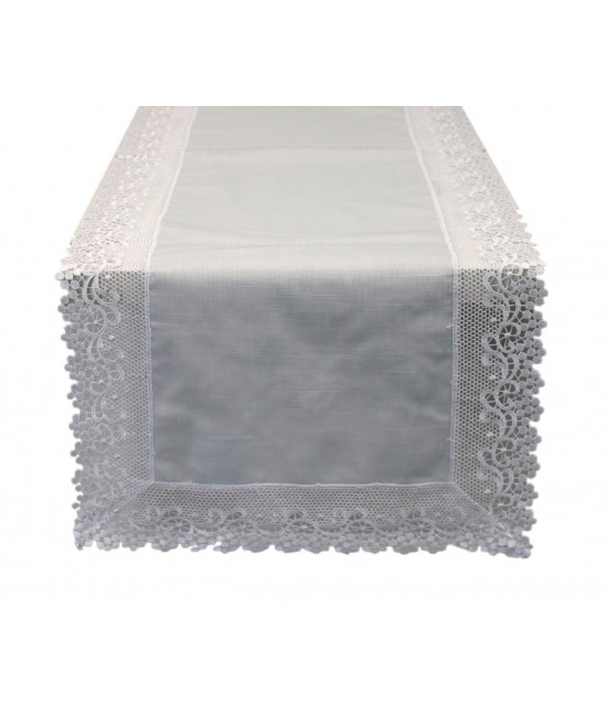 Runner elegante con bordo applicato in pizzo macrame': 18c-48-grigio : Colore prodotto - Grigio, Tessuto - Poliestere
