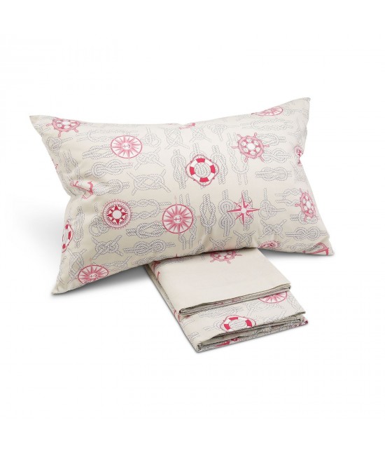 Completo lenzuola caleffi in puro cotone con stampa fantasia nautica corallo: nautic.