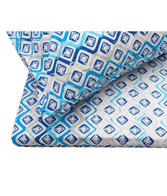 Completo lenzuola caleffi in puro cotone con stampa fantasia geometrica rombi bluette: vera. : Colore prodotto - Blue, Misura - 1 piazza e mezza, Tessuto - Cotone