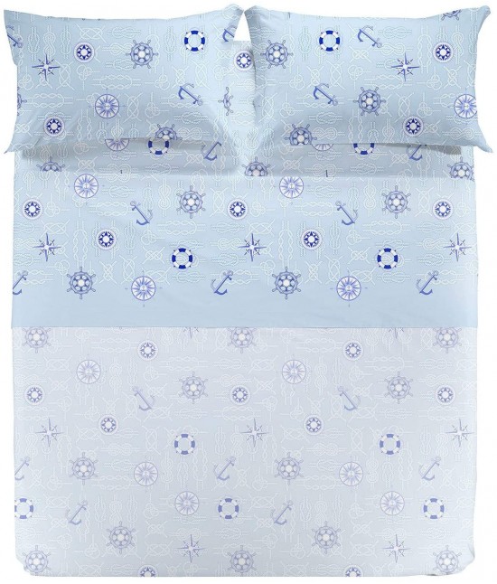 Completo lenzuola caleffi in puro cotone con stampa fantasia nautica azzurro: nautic. : Colore prodotto - Azzurro, Misura - Singolo, Tessuto - Cotone