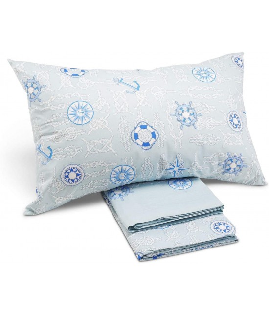 Completo lenzuola caleffi in puro cotone con stampa fantasia nautica azzurro: nautic. : Colore prodotto - Azzurro, Misura - Matrimoniale, Tessuto - Cotone