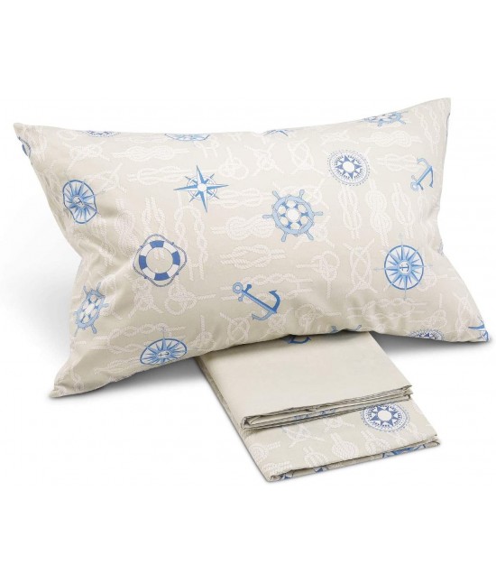 Completo lenzuola caleffi in puro cotone con stampa fantasia nautica blu: nautic.