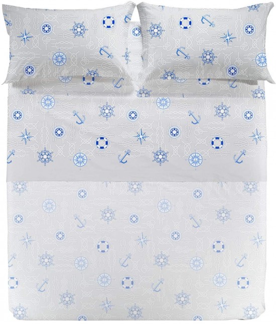 Completo lenzuola caleffi in puro cotone con stampa fantasia nautica blu: nautic. : Colore prodotto - Blue, Misura - Singolo, Tessuto - Cotone