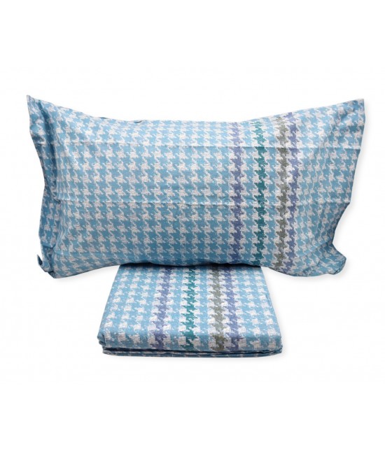 Completo lenzuola in 100% cotone di flanella stampato fantasia riga zig zag colore azzurro: checks