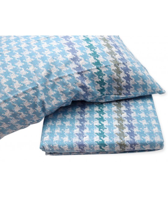 Completo lenzuola in 100% cotone di flanella stampato fantasia riga zig zag colore azzurro: checks